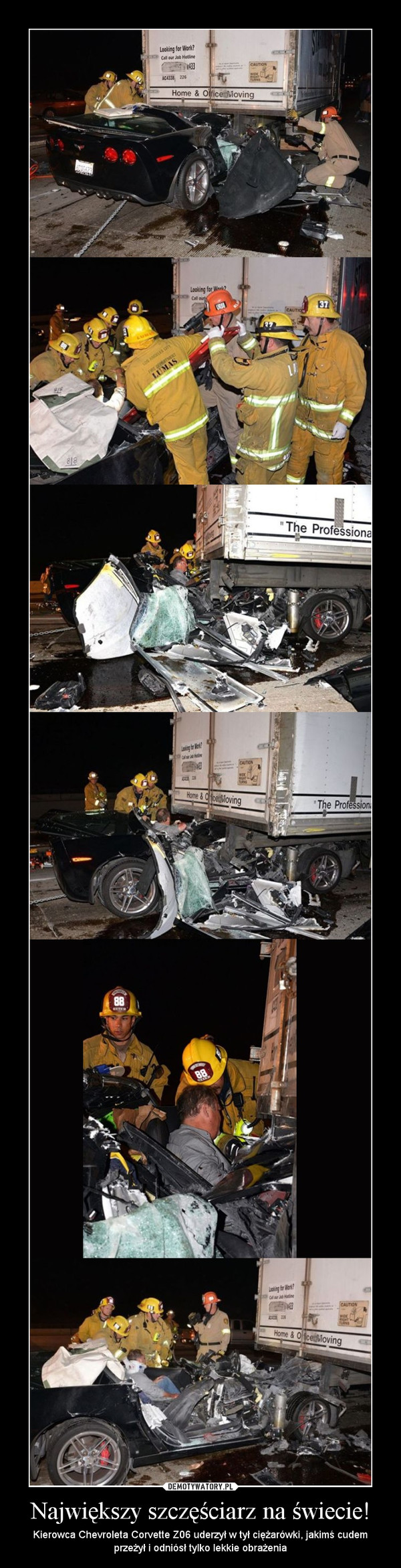 Największy szczęściarz na świecie! – Kierowca Chevroleta Corvette Z06 uderzył w tył ciężarówki, jakimś cudem przeżył i odniósł tylko lekkie obrażenia 