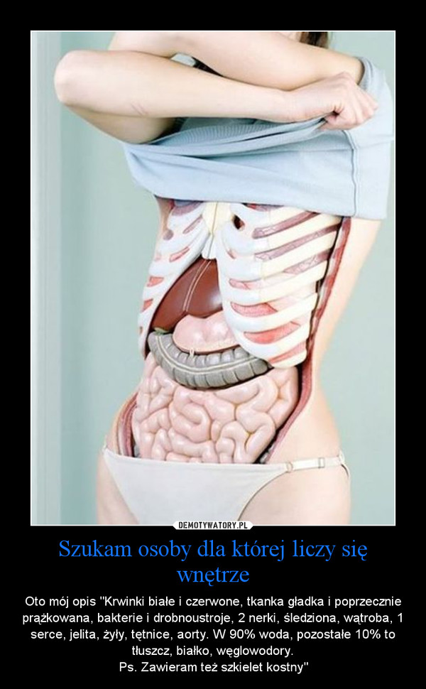 Szukam osoby dla której liczy się wnętrze – Oto mój opis "Krwinki białe i czerwone, tkanka gładka i poprzecznie prążkowana, bakterie i drobnoustroje, 2 nerki, śledziona, wątroba, 1 serce, jelita, żyły, tętnice, aorty. W 90% woda, pozostałe 10% to tłuszcz, białko, węglowodory.Ps. Zawieram też szkielet kostny" 