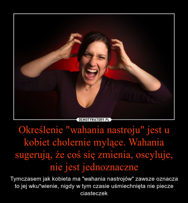 Określenie "wahania nastroju" jest u kobiet cholernie mylące. Wahania sugerują, że coś się zmienia, oscyluje, nie jest jednoznaczne – Tymczasem jak kobieta ma "wahania nastrojów" zawsze oznacza to jej wku*wienie, nigdy w tym czasie uśmiechnięta nie piecze ciasteczek 