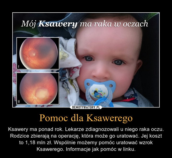 Pomoc dla Ksawerego – Ksawery ma ponad rok. Lekarze zdiagnozowali u niego raka oczu. Rodzice zbierają na operację, która może go uratować. Jej koszt to 1,18 mln zł. Wspólnie możemy pomóc uratować wzrok Ksawerego. Informacje jak pomóc w linku. 