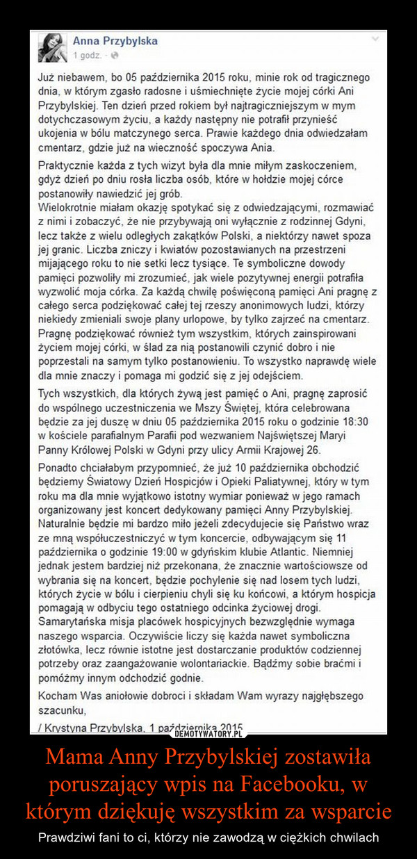 Mama Anny Przybylskiej zostawiła poruszający wpis na Facebooku, w którym dziękuję wszystkim za wsparcie