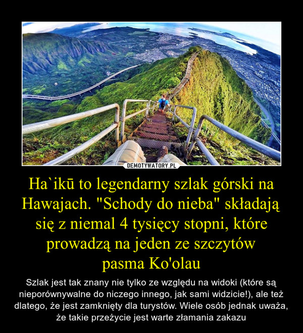 Ha`ikū to legendarny szlak górski na Hawajach. "Schody do nieba" składają się z niemal 4 tysięcy stopni, które prowadzą na jeden ze szczytów
pasma Ko'olau