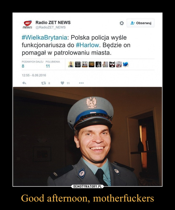 Good afternoon, motherfuckers –  WielkaBrytania: Polska policja wyślefunkcjonariusza do #Harlow. Będzie onpomagał w patrolowaniu miasta.