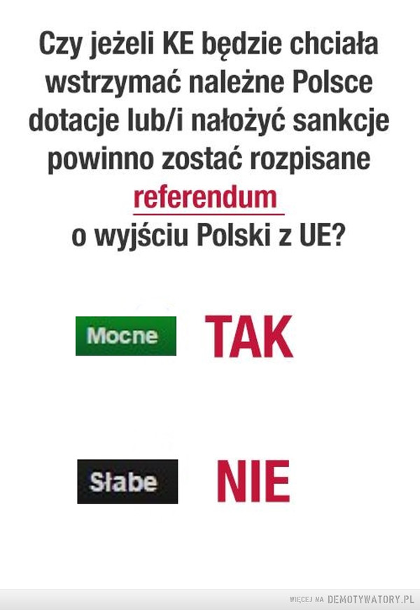 Wyraź swoje zdanie –  Czy jeżeli KE będzie chciała wstrzymać należne Polsce dotacje lub/i nałożyć sankcje powinno zostać rozpisane referendum  o wyjściu Polski z UE? Mocne Słabe TAK NIE 