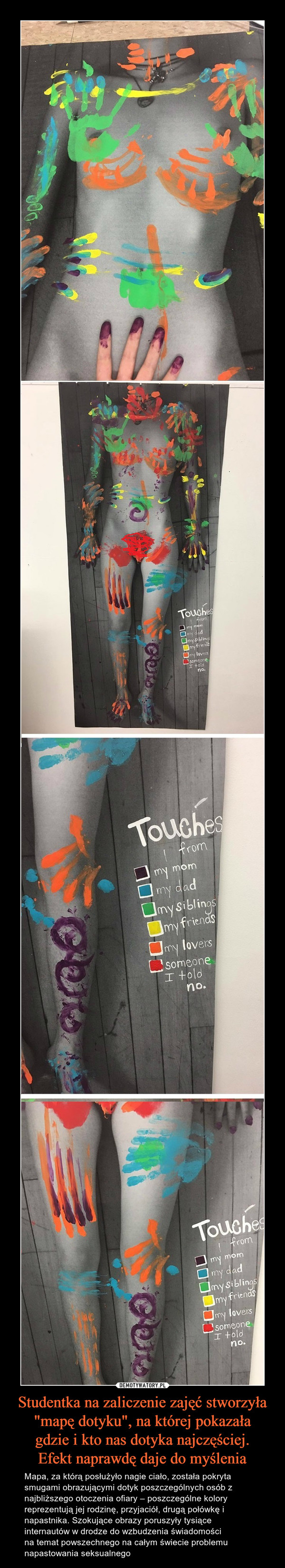 Studentka na zaliczenie zajęć stworzyła "mapę dotyku", na której pokazała
gdzie i kto nas dotyka najczęściej.
Efekt naprawdę daje do myślenia