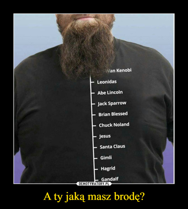 A ty jaką masz brodę? –  Wan KenobiLeonidasAbe LincolnJack SparrrowBrian BlessedChuck NolandJesusSanta ClausGimliHagridGandalf