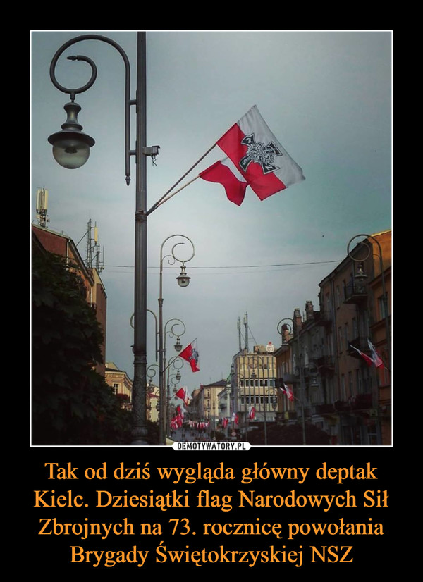 Tak od dziś wygląda główny deptak Kielc. Dziesiątki flag Narodowych Sił Zbrojnych na 73. rocznicę powołania Brygady Świętokrzyskiej NSZ –  