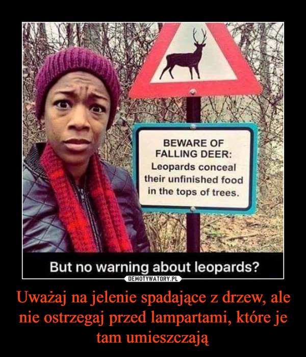 Uważaj na jelenie spadające z drzew, ale nie ostrzegaj przed lampartami, które je tam umieszczają –  
