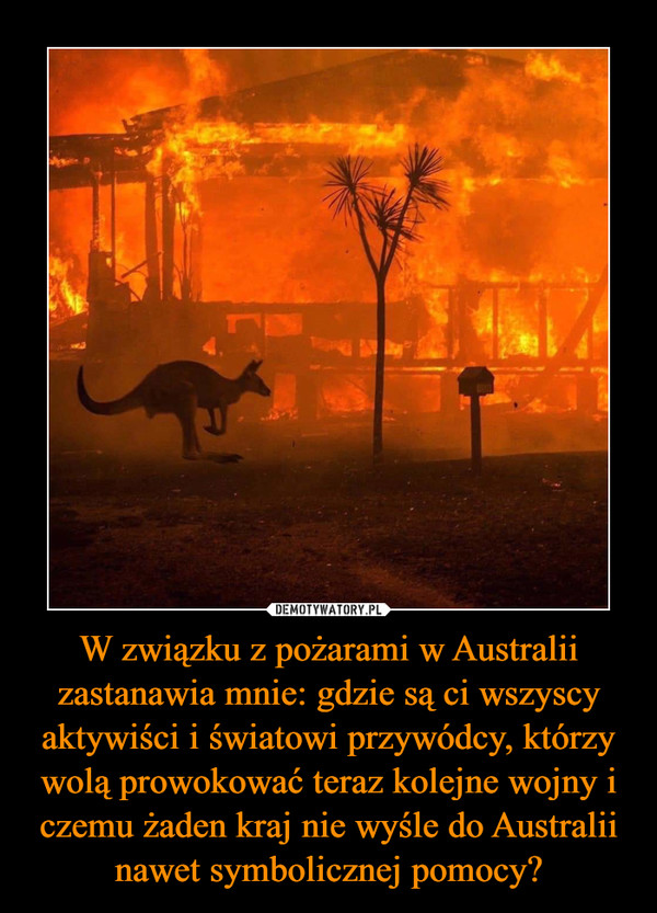 W związku z pożarami w Australii zastanawia mnie: gdzie są ci wszyscy aktywiści i światowi przywódcy, którzy wolą prowokować teraz kolejne wojny i czemu żaden kraj nie wyśle do Australii nawet symbolicznej pomocy? –  