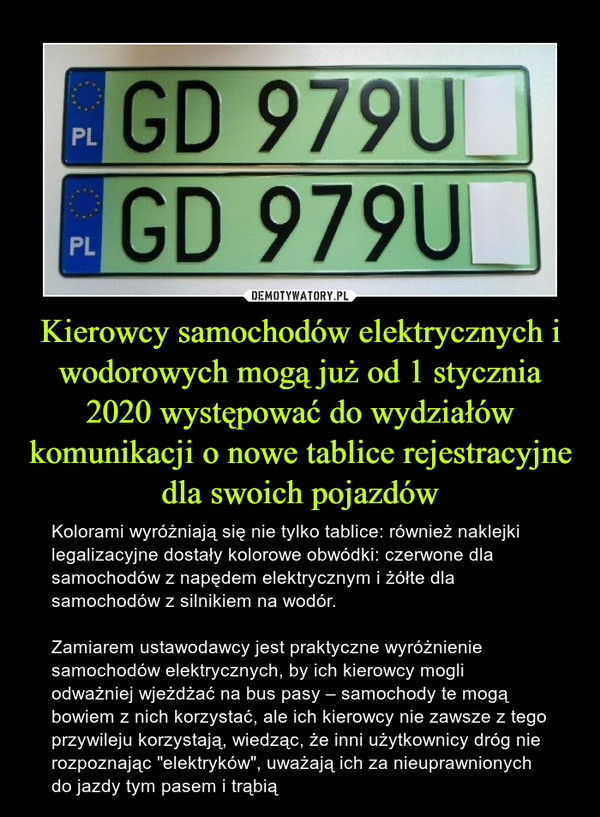 Kierowcy samochodów elektrycznych i wodorowych mogą już od 1 stycznia 2020 występować do wydziałów komunikacji o nowe tablice rejestracyjne dla swoich pojazdów
