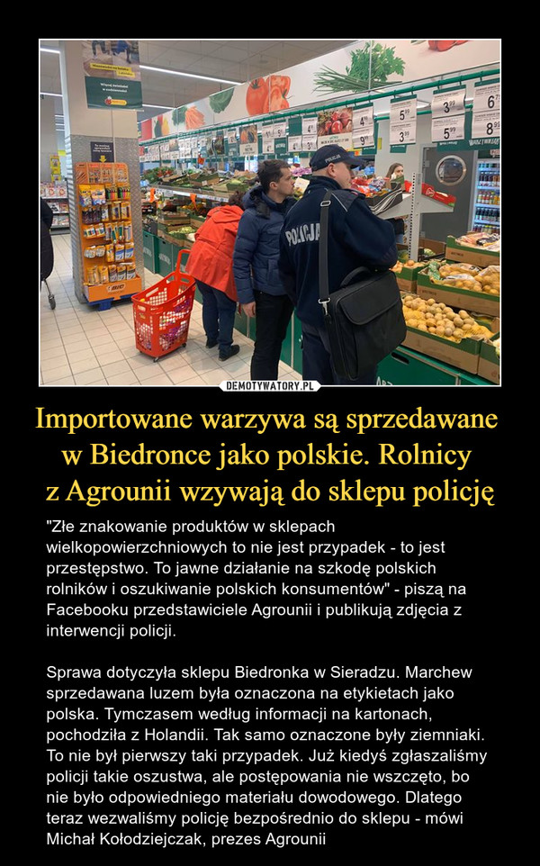 Importowane warzywa są sprzedawane w Biedronce jako polskie. Rolnicy z Agrounii wzywają do sklepu policję – "Złe znakowanie produktów w sklepach wielkopowierzchniowych to nie jest przypadek - to jest przestępstwo. To jawne działanie na szkodę polskich rolników i oszukiwanie polskich konsumentów" - piszą na Facebooku przedstawiciele Agrounii i publikują zdjęcia z interwencji policji. Sprawa dotyczyła sklepu Biedronka w Sieradzu. Marchew sprzedawana luzem była oznaczona na etykietach jako polska. Tymczasem według informacji na kartonach, pochodziła z Holandii. Tak samo oznaczone były ziemniaki. To nie był pierwszy taki przypadek. Już kiedyś zgłaszaliśmy policji takie oszustwa, ale postępowania nie wszczęto, bo nie było odpowiedniego materiału dowodowego. Dlatego teraz wezwaliśmy policję bezpośrednio do sklepu - mówi Michał Kołodziejczak, prezes Agrounii 