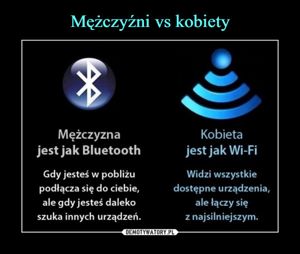  –  Mężczyznajest jak BluetoothGdy jesteś w pobliżupodłącza się do ciebie,ale gdy jesteś dalekoszuka innych urządzeń.Kobietajest jak Wi-FiWidzi wszystkiedostępne urządzenia,ale łączy sięz najsilniejszym.