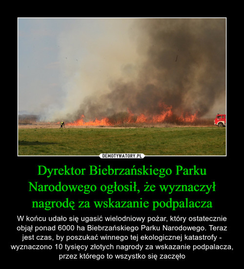 Dyrektor Biebrzańskiego Parku Narodowego ogłosił, że wyznaczył nagrodę za wskazanie podpalacza