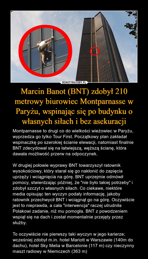Marcin Banot (BNT) zdobył 210 metrowy biurowiec Montparnasse w Paryżu, wspinając się po budynku o własnych siłach i bez asekuracji