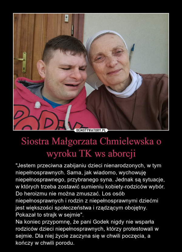 Siostra Małgorzata Chmielewska o wyroku TK ws aborcji
