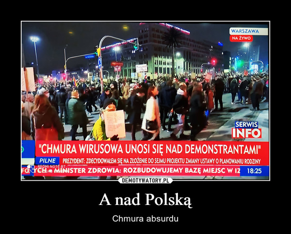 A nad Polską – Chmura absurdu Chmura wirusowa unosi się nad demonstrantami