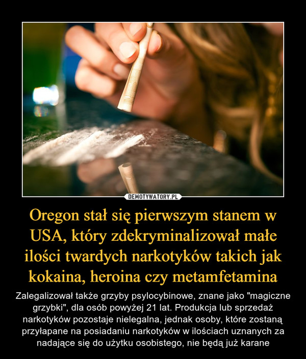 Oregon stał się pierwszym stanem w USA, który zdekryminalizował małe ilości twardych narkotyków takich jak kokaina, heroina czy metamfetamina – Zalegalizował także grzyby psylocybinowe, znane jako "magiczne grzybki", dla osób powyżej 21 lat. Produkcja lub sprzedaż narkotyków pozostaje nielegalna, jednak osoby, które zostaną przyłapane na posiadaniu narkotyków w ilościach uznanych za nadające się do użytku osobistego, nie będą już karane 