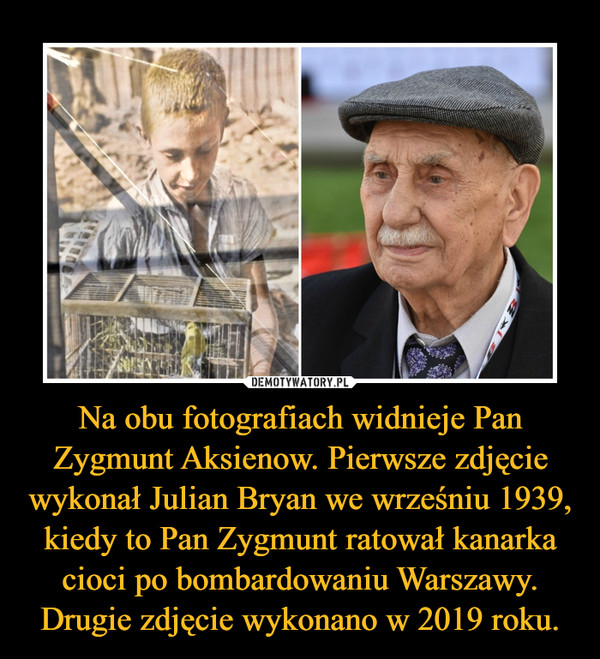 Na obu fotografiach widnieje Pan Zygmunt Aksienow. Pierwsze zdjęcie wykonał Julian Bryan we wrześniu 1939, kiedy to Pan Zygmunt ratował kanarka cioci po bombardowaniu Warszawy. Drugie zdjęcie wykonano w 2019 roku. –  