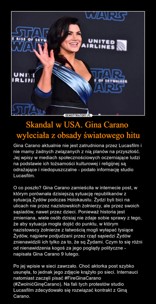 Skandal w USA. Gina Carano 
wyleciała z obsady światowego hitu