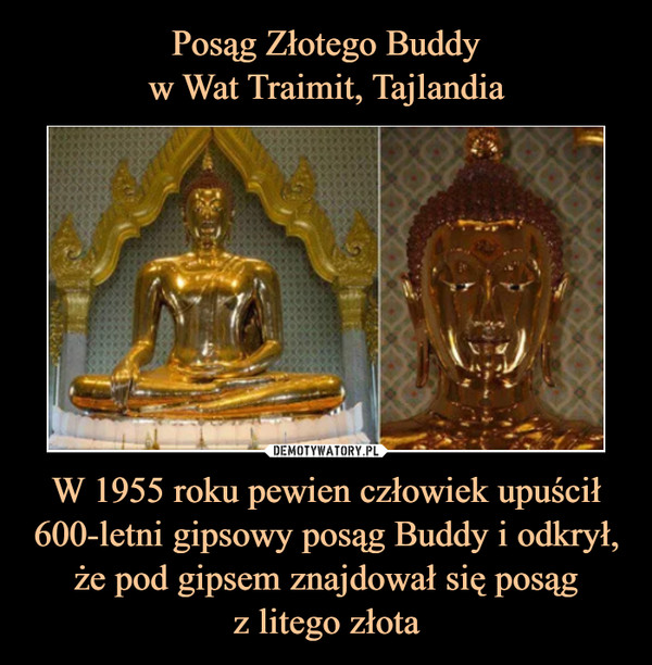Posąg Złotego Buddy
w Wat Traimit, Tajlandia W 1955 roku pewien człowiek upuścił 600-letni gipsowy posąg Buddy i odkrył, że pod gipsem znajdował się posąg
z litego złota
