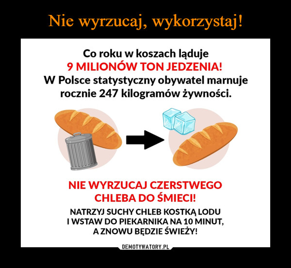 –  Co roku w koszach ląduje9 MILIONÓW TON JEDZENIA!W Polsce statystyczny obywatel marnujerocznie 247 kilogramów żywności.NIE WYRZUCAJ CZERSTWEGOCHLEBA DO ŚMIECI!NATRZYJ SUCHY CHLEB KOSTKĄ LODUI WSTAW DO PIEKARNIKA NA 10 MINUT,A ZNOWU BĘDZIE ŚWIEŻY!