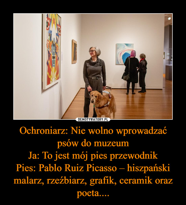 Ochroniarz: Nie wolno wprowadzać psów do muzeum
Ja: To jest mój pies przewodnik
Pies: Pablo Ruiz Picasso – hiszpański malarz, rzeźbiarz, grafik, ceramik oraz poeta....