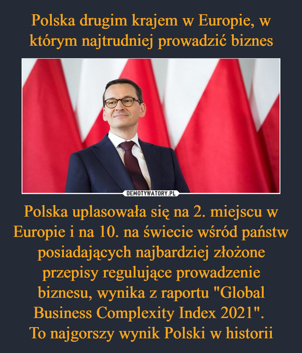 Polska uplasowała się na 2. miejscu w Europie i na 10. na świecie wśród państw posiadających najbardziej złożone przepisy regulujące prowadzenie biznesu, wynika z raportu "Global Business Complexity Index 2021". To najgorszy wynik Polski w historii –  
