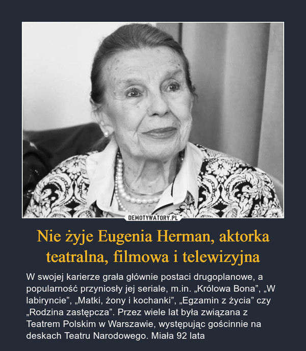 Nie żyje Eugenia Herman, aktorka teatralna, filmowa i telewizyjna