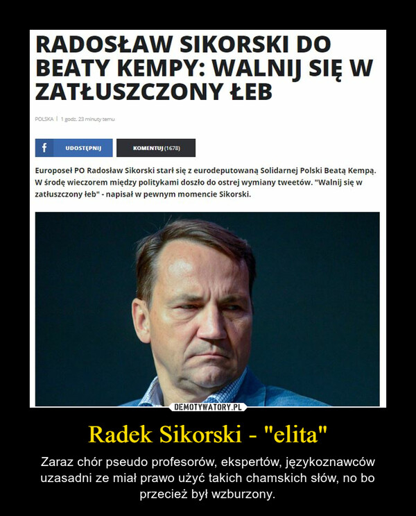 Radek Sikorski - "elita" – Zaraz chór pseudo profesorów, ekspertów, językoznawców uzasadni ze miał prawo użyć takich chamskich słów, no bo przecież był wzburzony. 