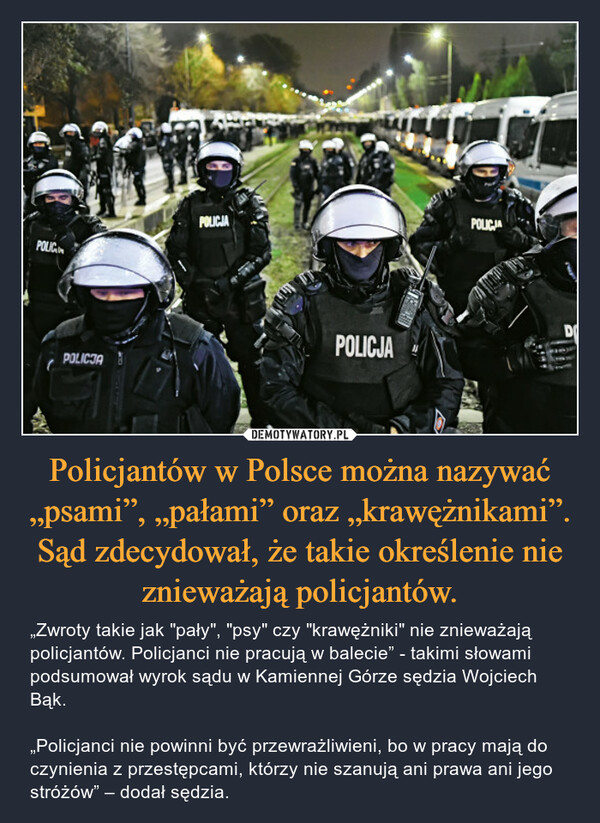 Policjantów w Polsce można nazywać „psami”, „pałami” oraz „krawężnikami”. Sąd zdecydował, że takie określenie nie znieważają policjantów. – „Zwroty takie jak "pały", "psy" czy "krawężniki" nie znieważają policjantów. Policjanci nie pracują w balecie” - takimi słowami podsumował wyrok sądu w Kamiennej Górze sędzia Wojciech Bąk.„Policjanci nie powinni być przewrażliwieni, bo w pracy mają do czynienia z przestępcami, którzy nie szanują ani prawa ani jego stróżów” – dodał sędzia. 