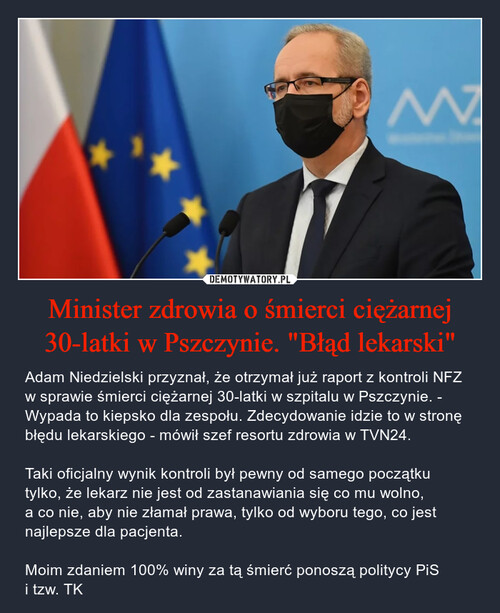 Minister zdrowia o śmierci ciężarnej 30-latki w Pszczynie. "Błąd lekarski"