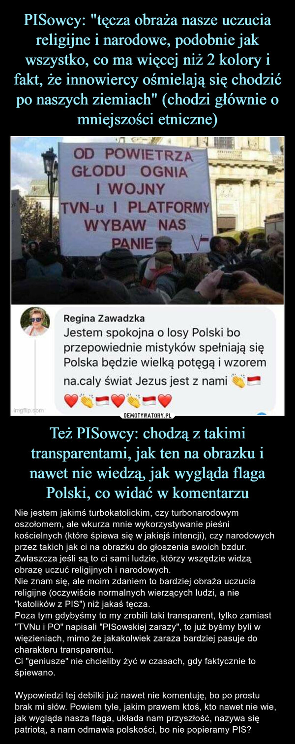 PISowcy: "tęcza obraża nasze uczucia religijne i narodowe, podobnie jak wszystko, co ma więcej niż 2 kolory i fakt, że innowiercy ośmielają się chodzić po naszych ziemiach" (chodzi głównie o mniejszości etniczne) Też PISowcy: chodzą z takimi transparentami, jak ten na obrazku i nawet nie wiedzą, jak wygląda flaga Polski, co widać w komentarzu