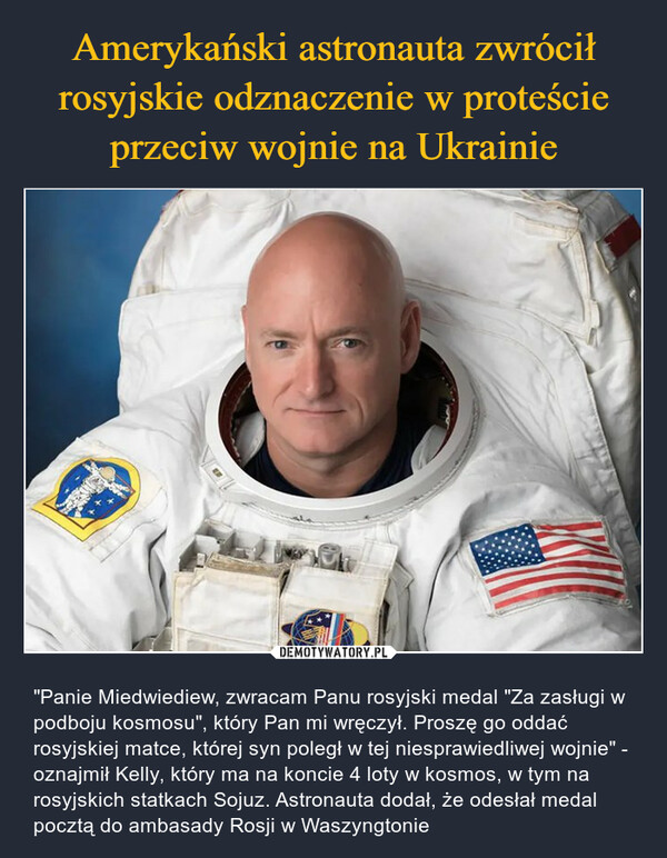 Amerykański astronauta zwrócił rosyjskie odznaczenie w proteście przeciw wojnie na Ukrainie