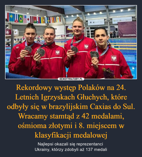Rekordowy występ Polaków na 24. Letnich Igrzyskach Głuchych, które odbyły się w brazylijskim Caxias do Sul. Wracamy stamtąd z 42 medalami, ośmioma złotymi i 8. miejscem w klasyfikacji medalowej – Najlepsi okazali się reprezentanci Ukrainy, którzy zdobyli aż 137 medali 