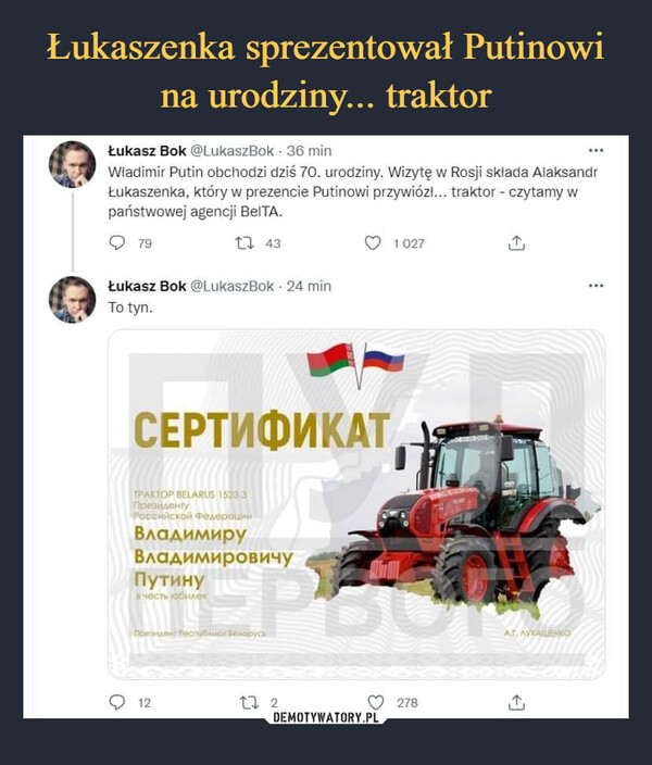 Łukaszenka sprezentował Putinowi na urodziny... traktor