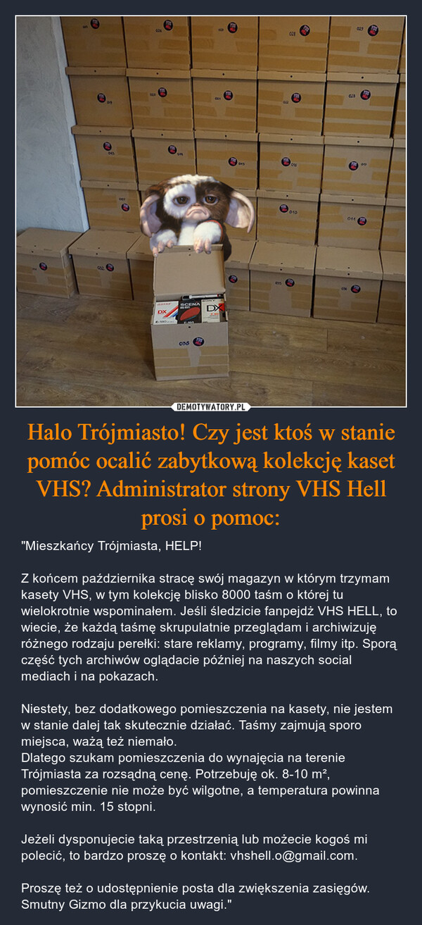 Halo Trójmiasto! Czy jest ktoś w stanie pomóc ocalić zabytkową kolekcję kaset VHS? Administrator strony VHS Hell prosi o pomoc: – "Mieszkańcy Trójmiasta, HELP!Z końcem października stracę swój magazyn w którym trzymam kasety VHS, w tym kolekcję blisko 8000 taśm o której tu wielokrotnie wspominałem. Jeśli śledzicie fanpejdż VHS HELL, to wiecie, że każdą taśmę skrupulatnie przeglądam i archiwizuję różnego rodzaju perełki: stare reklamy, programy, filmy itp. Sporą część tych archiwów oglądacie później na naszych social mediach i na pokazach. Niestety, bez dodatkowego pomieszczenia na kasety, nie jestem w stanie dalej tak skutecznie działać. Taśmy zajmują sporo miejsca, ważą też niemało. Dlatego szukam pomieszczenia do wynajęcia na terenie Trójmiasta za rozsądną cenę. Potrzebuję ok. 8-10 m², pomieszczenie nie może być wilgotne, a temperatura powinna wynosić min. 15 stopni. Jeżeli dysponujecie taką przestrzenią lub możecie kogoś mi polecić, to bardzo proszę o kontakt: vhshell.o@gmail.com.Proszę też o udostępnienie posta dla zwiększenia zasięgów.Smutny Gizmo dla przykucia uwagi." 