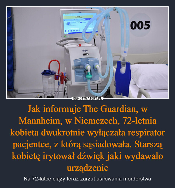 Jak informuje The Guardian, w Mannheim, w Niemczech, 72-letnia kobieta dwukrotnie wyłączała respirator pacjentce, z którą sąsiadowała. Starszą kobietę irytował dźwięk jaki wydawało urządzenie – Na 72-latce ciąży teraz zarzut usiłowania morderstwa 