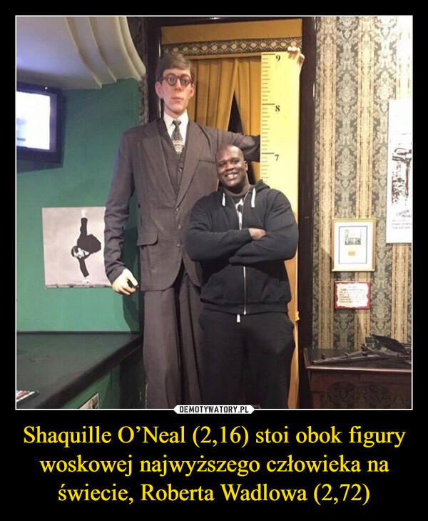 Shaquille O’Neal (2,16) stoi obok figury woskowej najwyższego człowieka na świecie, Roberta Wadlowa (2,72) –  