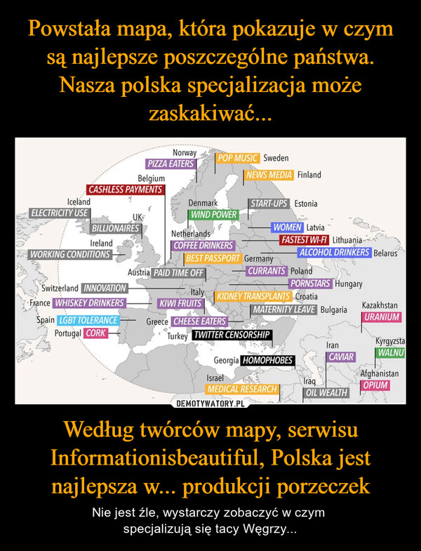 Powstała mapa, która pokazuje w czym są najlepsze poszczególne państwa. Nasza polska specjalizacja może zaskakiwać... Według twórców mapy, serwisu Informationisbeautiful, Polska jest najlepsza w... produkcji porzeczek