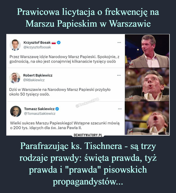 Prawicowa licytacja o frekwencję na Marszu Papieskim w Warszawie Parafrazując ks. Tischnera - są trzy rodzaje prawdy: święta prawda, tyż prawda i "prawda" pisowskich propagandystów...
