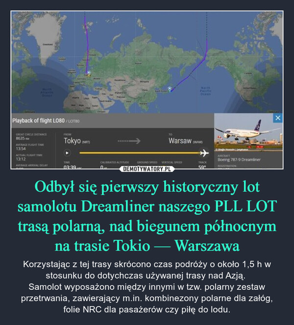 Odbył się pierwszy historyczny lot samolotu Dreamliner naszego PLL LOT trasą polarną, nad biegunem północnym na trasie Tokio — Warszawa