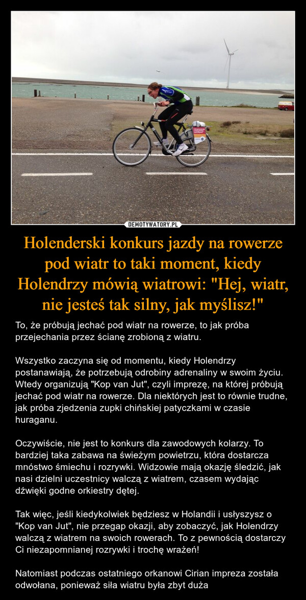 Holenderski konkurs jazdy na rowerze pod wiatr to taki moment, kiedy Holendrzy mówią wiatrowi: "Hej, wiatr, nie jesteś tak silny, jak myślisz!" – To, że próbują jechać pod wiatr na rowerze, to jak próba przejechania przez ścianę zrobioną z wiatru.Wszystko zaczyna się od momentu, kiedy Holendrzy postanawiają, że potrzebują odrobiny adrenaliny w swoim życiu. Wtedy organizują "Kop van Jut", czyli imprezę, na której próbują jechać pod wiatr na rowerze. Dla niektórych jest to równie trudne, jak próba zjedzenia zupki chińskiej patyczkami w czasie huraganu.Oczywiście, nie jest to konkurs dla zawodowych kolarzy. To bardziej taka zabawa na świeżym powietrzu, która dostarcza mnóstwo śmiechu i rozrywki. Widzowie mają okazję śledzić, jak nasi dzielni uczestnicy walczą z wiatrem, czasem wydając dźwięki godne orkiestry dętej.Tak więc, jeśli kiedykolwiek będziesz w Holandii i usłyszysz o "Kop van Jut", nie przegap okazji, aby zobaczyć, jak Holendrzy walczą z wiatrem na swoich rowerach. To z pewnością dostarczy Ci niezapomnianej rozrywki i trochę wrażeń!Natomiast podczas ostatniego orkanowi Cirian impreza została odwołana, ponieważ siła wiatru była zbyt duża 