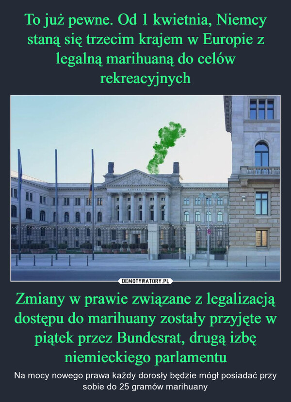 Zmiany w prawie związane z legalizacją dostępu do marihuany zostały przyjęte w piątek przez Bundesrat, drugą izbę niemieckiego parlamentu – Na mocy nowego prawa każdy dorosły będzie mógł posiadać przy sobie do 25 gramów marihuany LUNDERRAT干