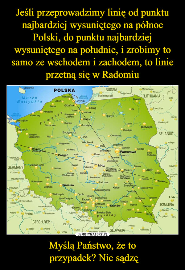 Jeśli przeprowadzimy linię od punktu najbardziej wysuniętego na północ Polski, do punktu najbardziej wysuniętego na południe, i zrobimy to samo ze wschodem i zachodem, to linie przetną się w Radomiu Myślą Państwo, że to
 przypadek? Nie sądzę