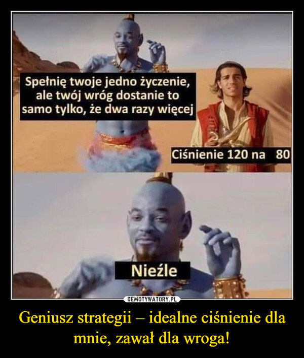 Geniusz strategii – idealne ciśnienie dla mnie, zawał dla wroga! –  Spełnię twoje jedno życzenie,ale twój wróg dostanie tosamo tylko, że dwa razy więcejNieźleCiśnienie 120 na 80